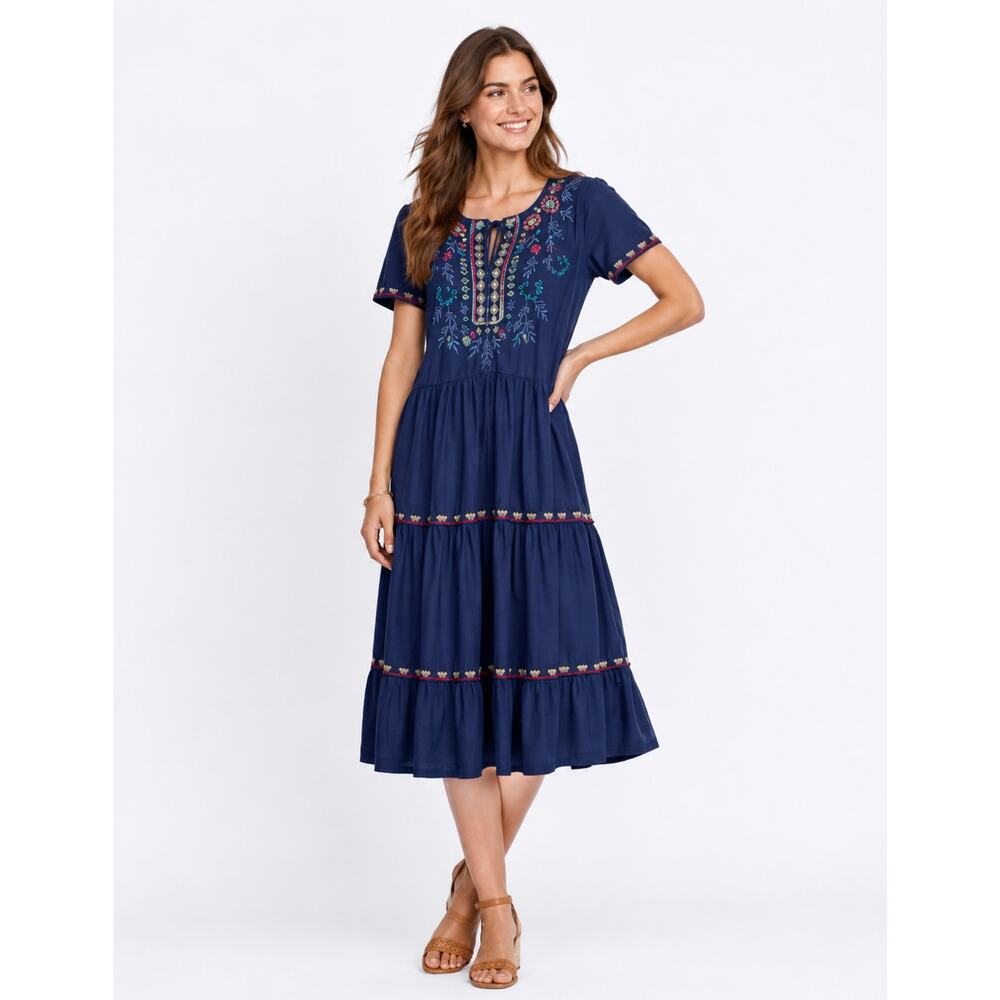 Johnny Was Sicilia Tiered Knit Dress Navy Blue Embroidered Boho Midi Medium